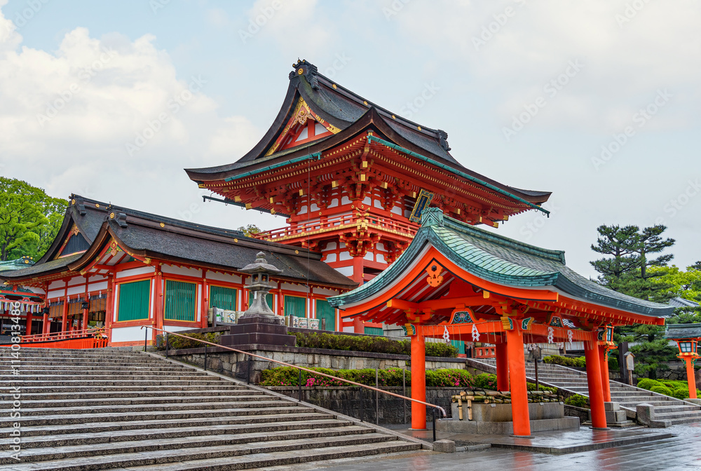 View of the Fushimi Inari Shrine Tower Gate, the largest gate in the shrine.Tourist attraction in Kyoto, Japan View of the Fushimi Inari Shrine Tower Gate, the largest gate in the shrine.Tourist attraction in Kyoto, Japan