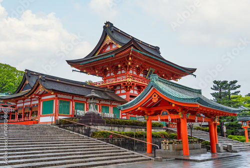 View of the Fushimi Inari Shrine Tower Gate, the largest gate in the shrine.Tourist attraction in Kyoto, Japan