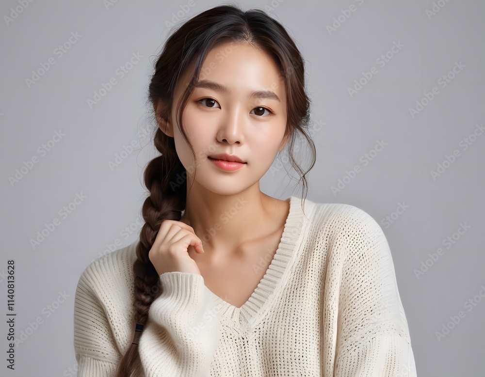 Minimalist Portrait of a Woman in a Soft White Sweater on a Clean White Background - Generative AI Minimalist Portrait of a Woman in a Soft White Sweater on a Clean White Background - Generative AI