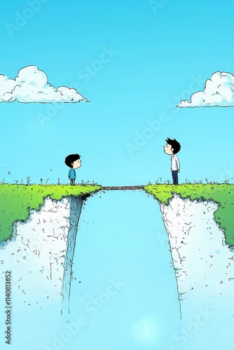 Two boys stand on opposite cliffs, separated by a chasm, under a bright blue sky with clouds, symbolizing distance and connection.