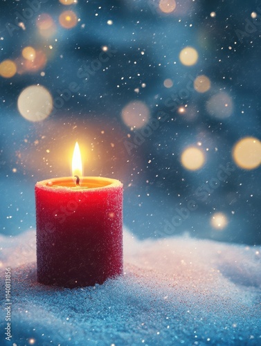 Christmas Background - Red Candle in winter snow landscape background - Blank greeting card with magic golden bokeh lights with copy space for your Xmas Advent greeting card or advertisement, Panoram