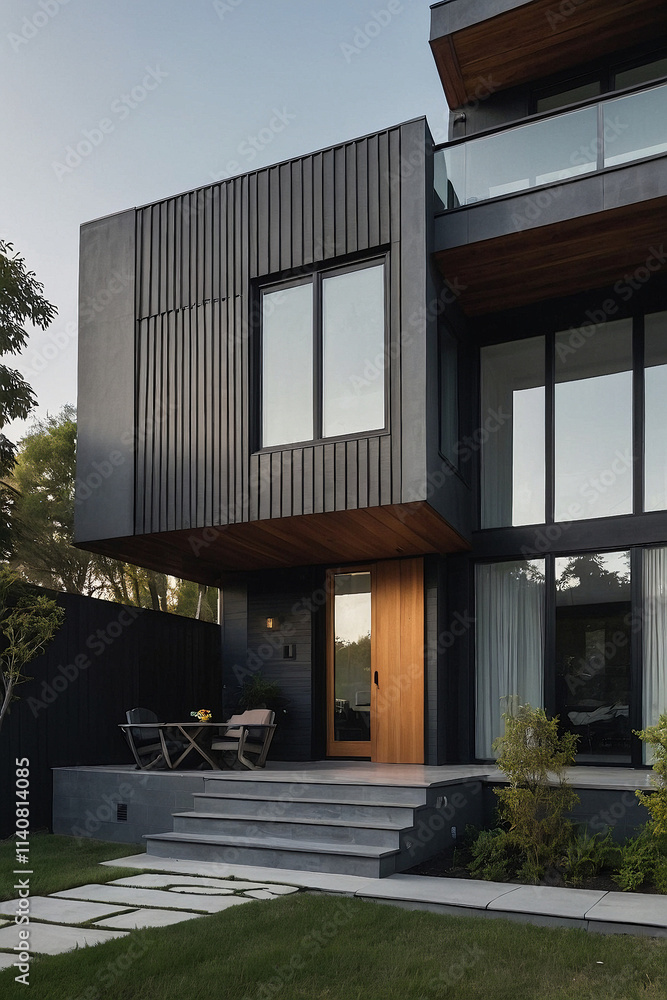 Obraz premium Modern dark gray home exterior with wood door and stone steps. Large windows and a small patio set are visible. The landscaping includes a grassy lawn and walkway.