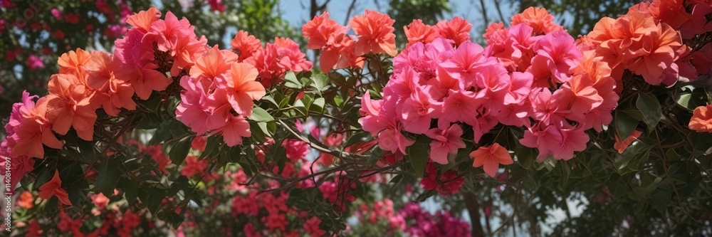 Large, showy flowers with bright orange and pink colors blooming on a thorny bougainvillea vine , flower clusters, tropical plants Large, showy flowers with bright orange and pink colors blooming on a thorny bougainvillea vine , flower clusters, tropical plants