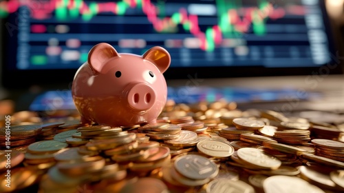 Piggy Bank on a Pile of Coins with Financial Chart - Savings, investment, finance, growth, wealth.  A piggy bank sits atop a mountain of coins in front of a financial chart. photo