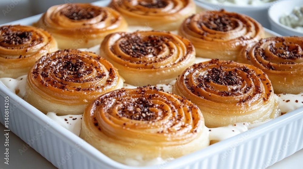 Three sweet buns with sprinkled toppings are beautifully arranged on a wooden plate, accompanied by creamy dressings in small bowls Three sweet buns with sprinkled toppings are beautifully arranged on a wooden plate, accompanied by creamy dressings in small bowls
