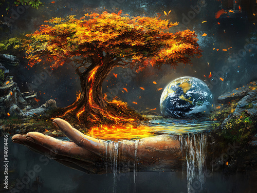 Surreal glowing tree growing from a hand with Earth at its roots, cascading waterfalls, magical light effects, and a mystical nature-inspired atmosphere symbolizing harmony and growth photo