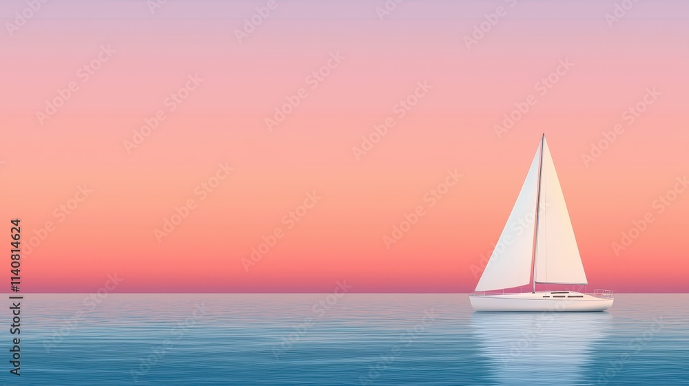 Fototapeta A serene sunset scene featuring a sailboat gliding across calm waters, with a gradient sky transitioning from pink to blue.