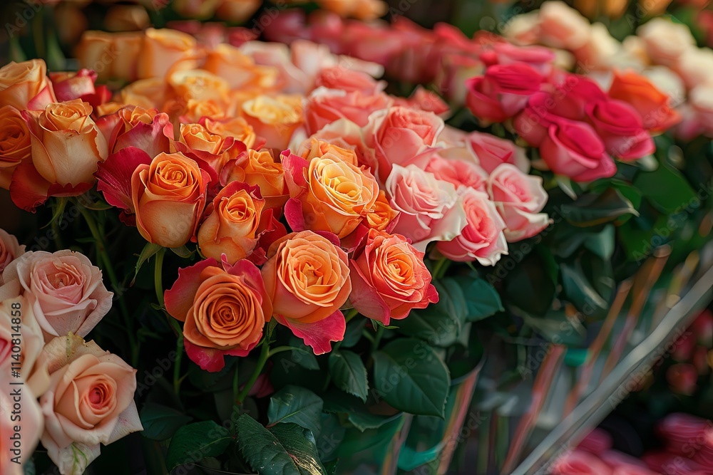 Bouquets of flowers with mix of pink and orange roses on window shop Bouquets of flowers with mix of pink and orange roses on window shop