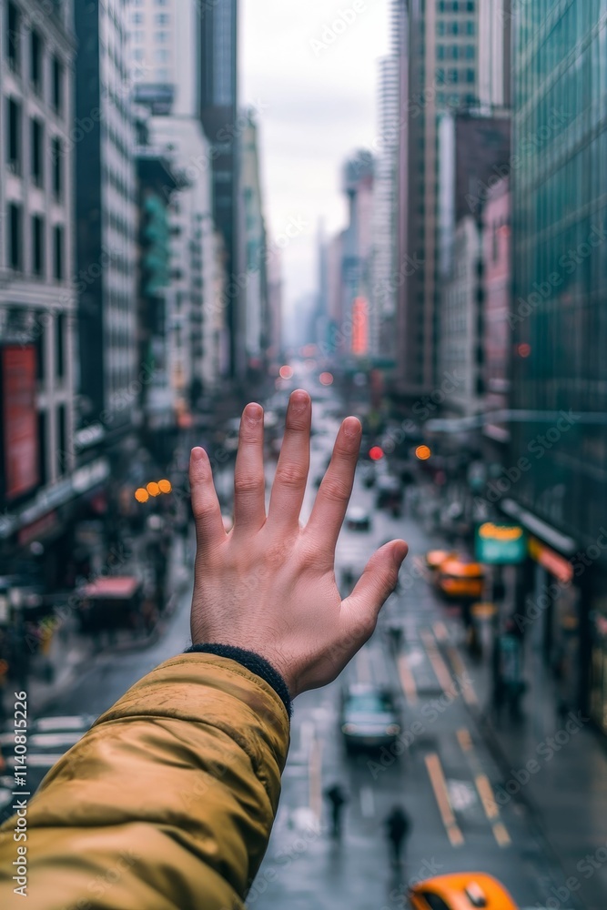 Fototapeta premium Open hand, city street, blurred background.