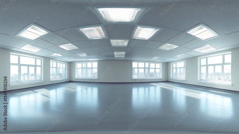 Empty Modern Office Space with Panoramic Windows and Bright Lighting Empty Modern Office Space with Panoramic Windows and Bright Lighting