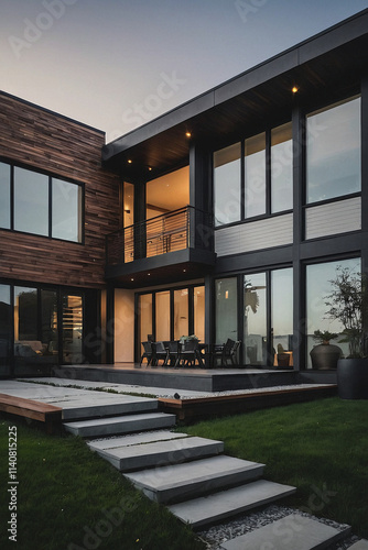 Wallpaper Mural Modern home with dark wood siding and large black-framed windows.  A stone patio and stairs lead from the house to a grassy lawn. Interior lighting is visible through the windows. Torontodigital.ca