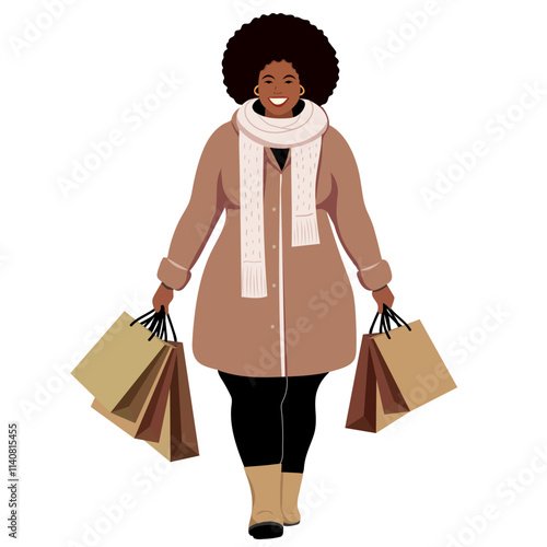 African-American plus size woman with beige packages in her hands. Ecological package from the store. Shopping. Vector illustration.