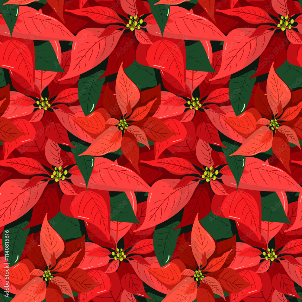 Red poinsettia seamless pattern on a green background. Christmas holidays and new year. Red poinsettia seamless pattern on a green background. Christmas holidays and new year.