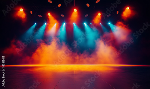  empty concert stage is illuminated by colorful spotlights, with a hazy, smoke-filled atmosphere