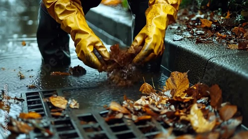 A man in yellow rubber gloves removes fallen leaves from a storm drain grate. photo