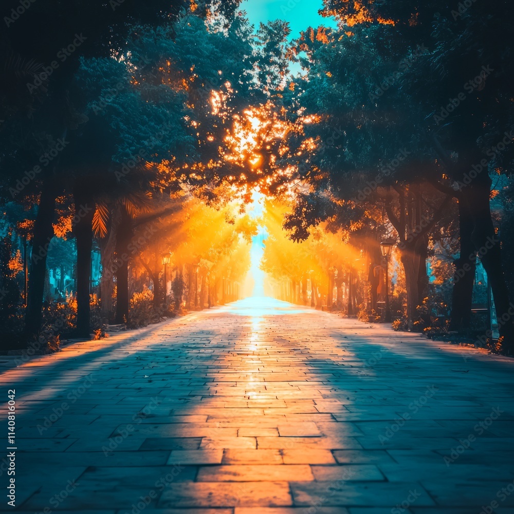 Fototapeta premium A serene pathway illuminated by sunlight through trees.