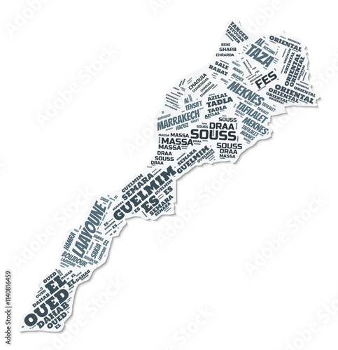 Morocco shape text cloud. Country border with shadow on white background. Morocco with regions division in vintage gazette style. Awesome vector illustration.