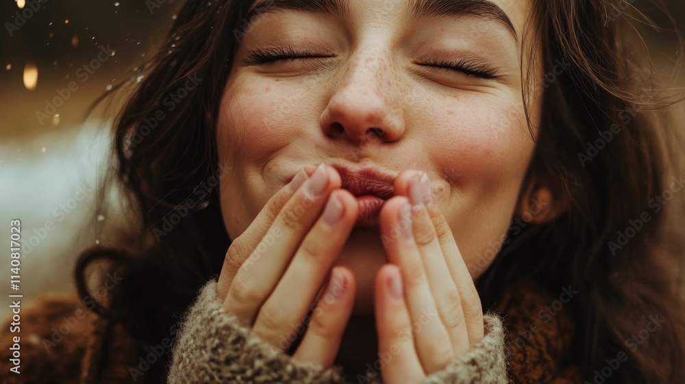 Freckled woman's face, eyes closed, blowing a kiss. Freckled woman's face, eyes closed, blowing a kiss.
