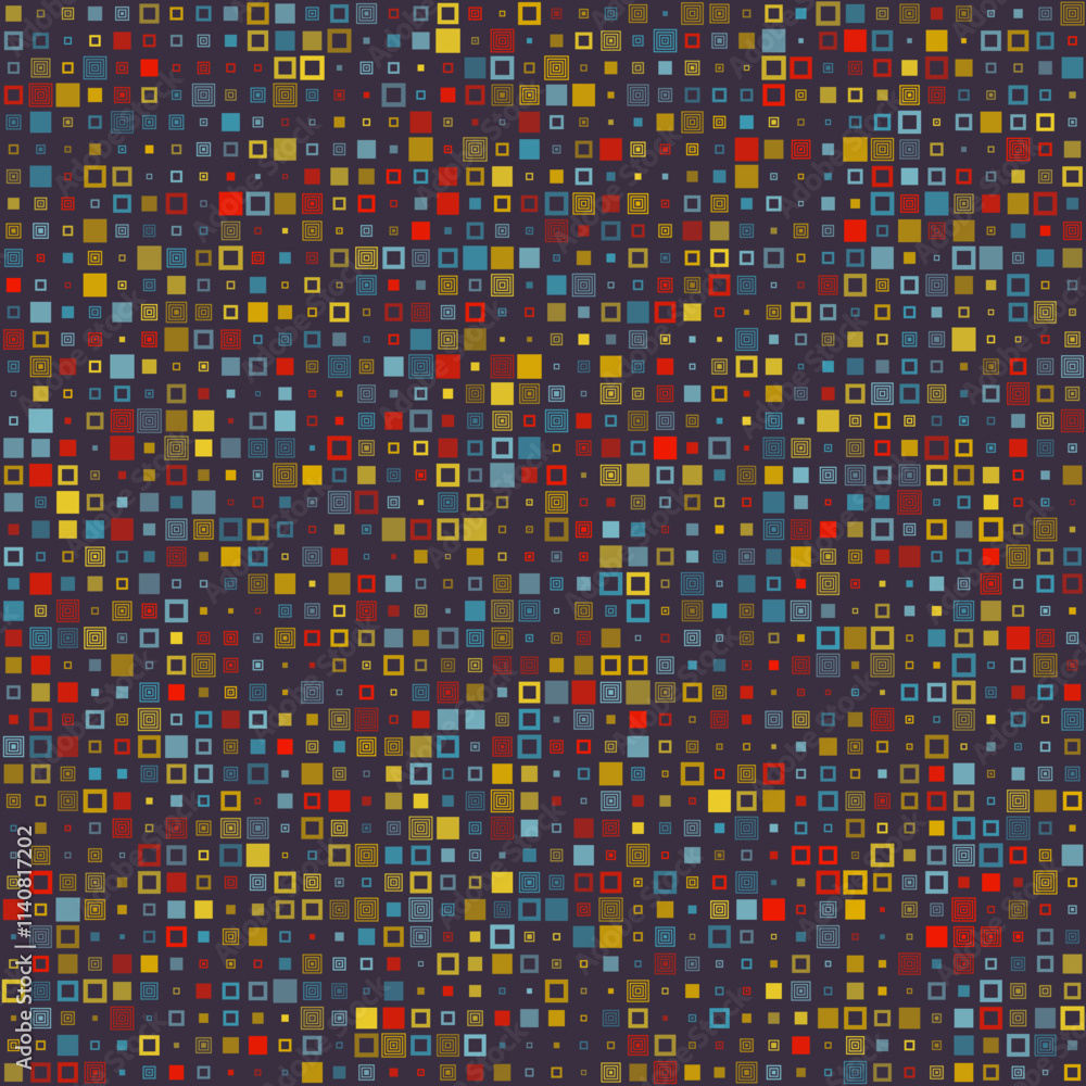 Fototapeta premium Abstract background. Various style squares in multiple colors. Dark purple, rusty brown, burnt orange, deep blue-green, olive green. Classy vector illustration.