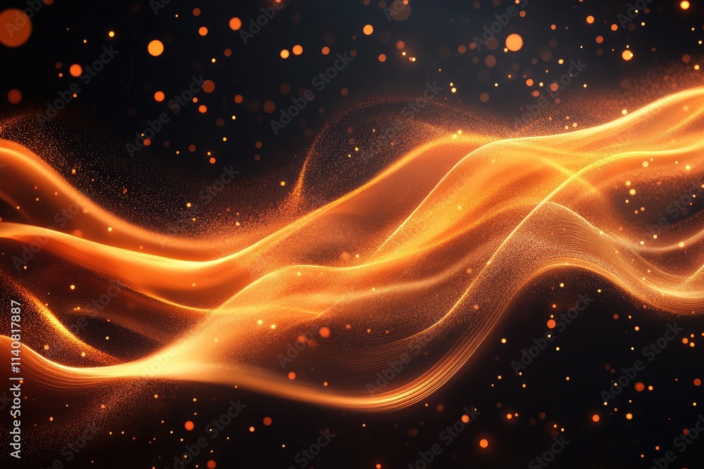 Obraz premium Golden particles flowing and forming abstract wavy lines on black background