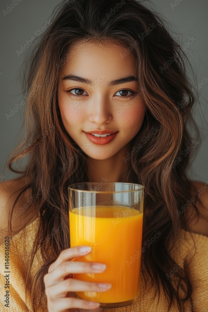 Beautiful asian woman holding a glass of orange juice Beautiful asian woman holding a glass of orange juice