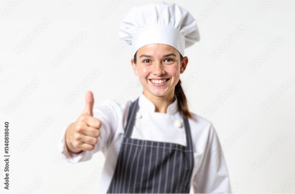 A girl in an apron and a chef's hat shows thumb up on a white background. The concept of children's cooking master classes A girl in an apron and a chef's hat shows thumb up on a white background. The concept of children's cooking master classes