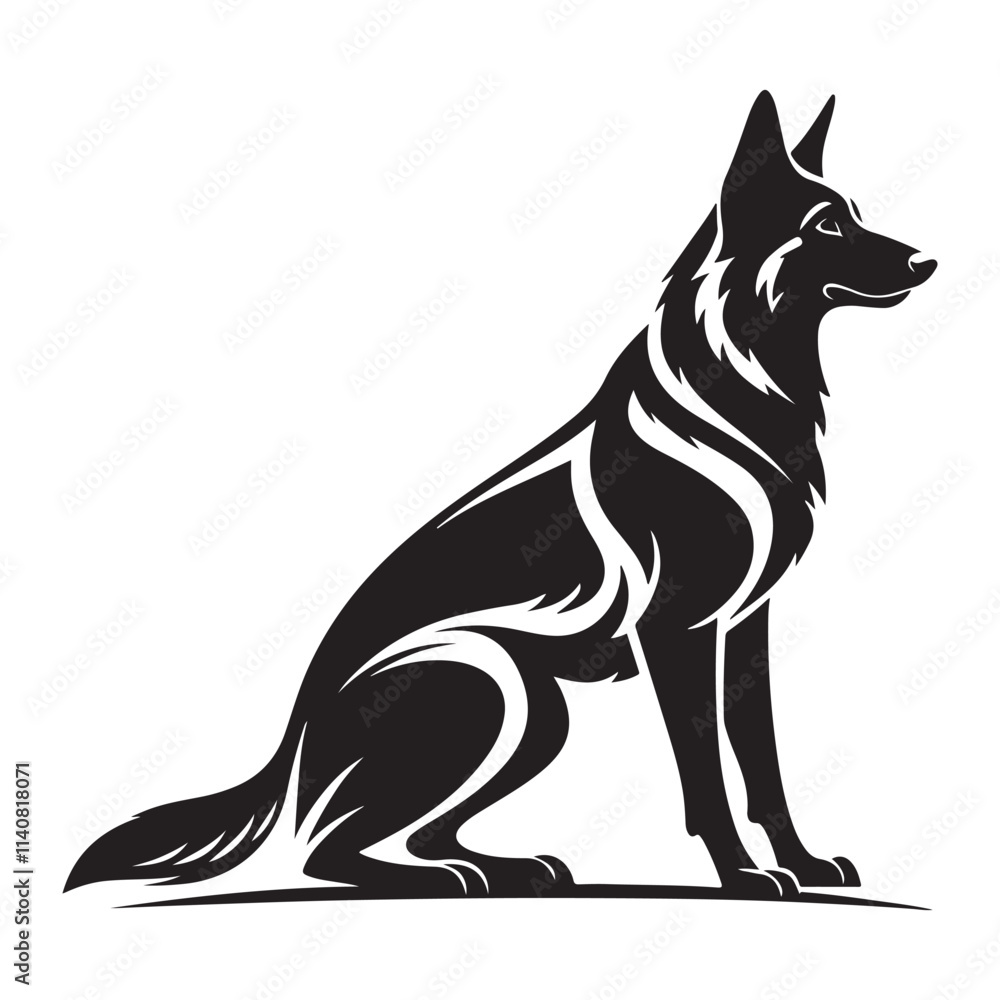 Obraz premium German Shepherd Silhouette Vector in a alert and guarding in a strong pose on white background