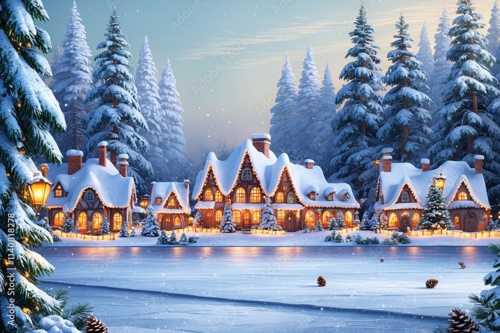 Fototapeta premium Christmas Village Wallpaper, Christmas Village Landscape Scenery, Winter Village Landscape Background, Snowy Christmas Winter Village Wallpaper, Festive Winter Snow Landscape Background