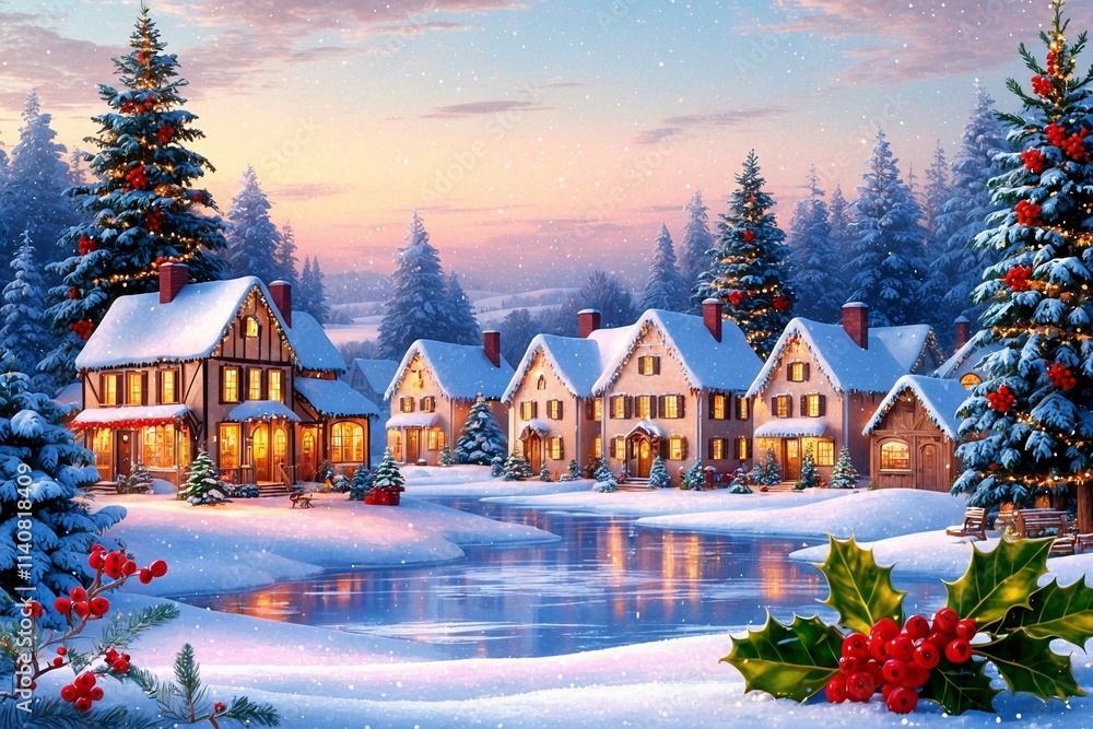 Fototapeta premium Christmas Village Wallpaper, Christmas Village Landscape Scenery, Winter Village Landscape Background, Snowy Christmas Winter Village Wallpaper, Festive Winter Snow Landscape Background