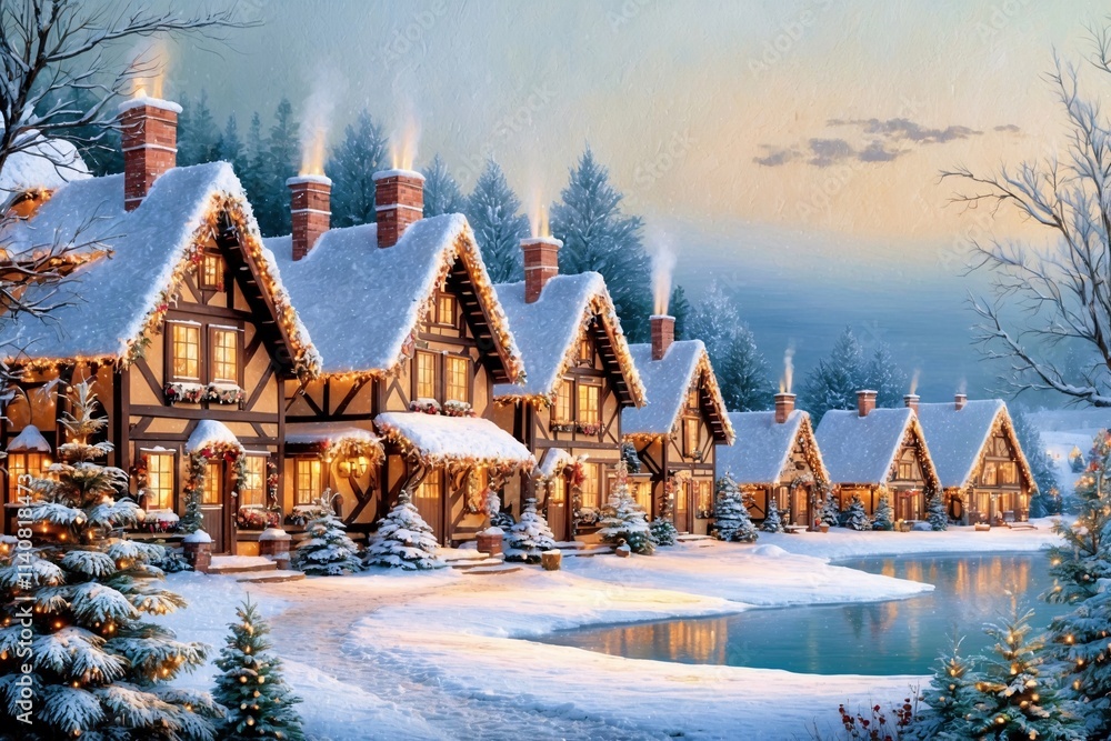 Fototapeta premium Christmas Village Wallpaper, Christmas Village Landscape Scenery, Winter Village Landscape Background, Snowy Christmas Winter Village Wallpaper, Festive Winter Snow Landscape Background