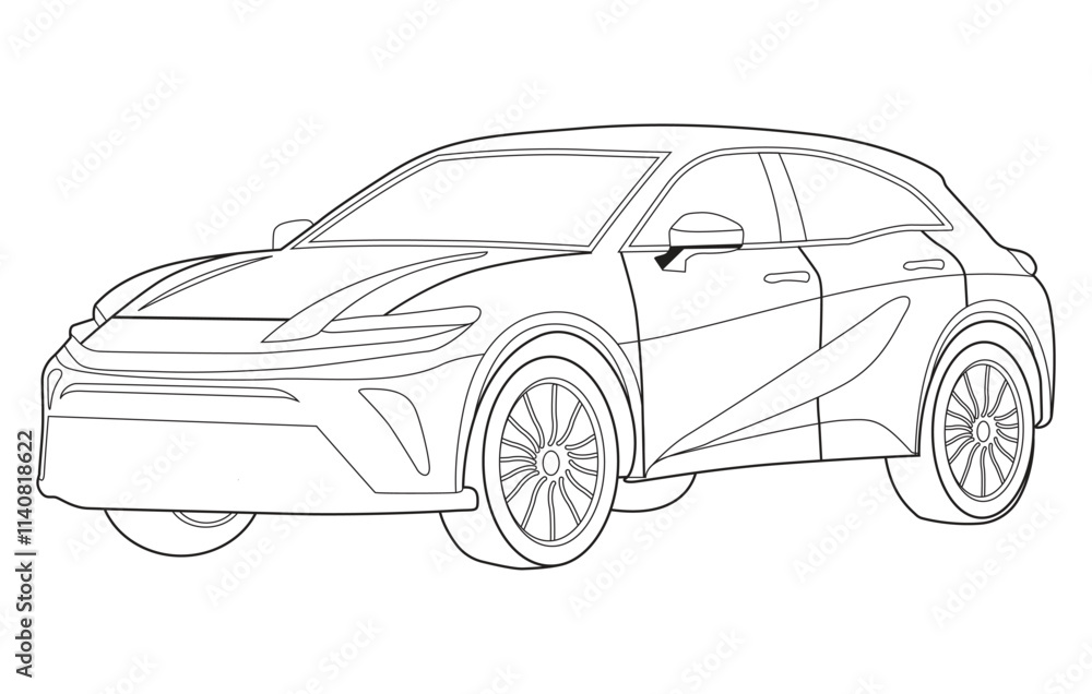 Fototapeta premium Outline car vector drawing concept design.Vehicle outline sketch illustration isolated on white background.car line art for coloring book.Car icon set.Transport symbol.Vector illustration.