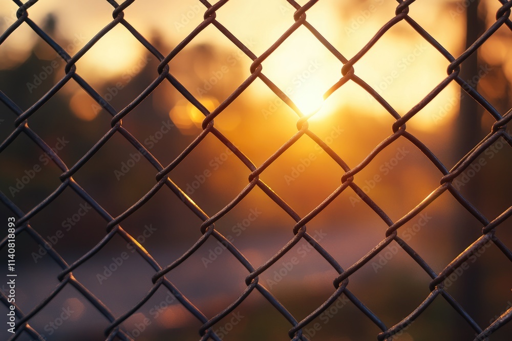 Fototapeta premium Steel wire mesh fence close-up reflecting warm sunset light