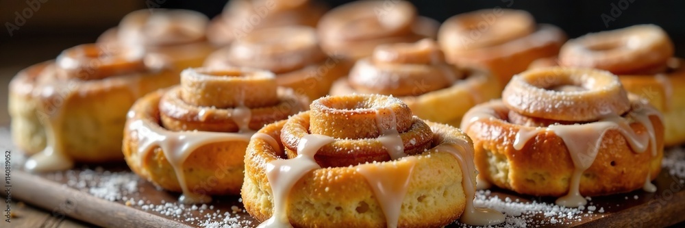Icing and glaze drizzle over freshly baked cinnamon rolls, glazed, colorful, sticky Icing and glaze drizzle over freshly baked cinnamon rolls, glazed, colorful, sticky