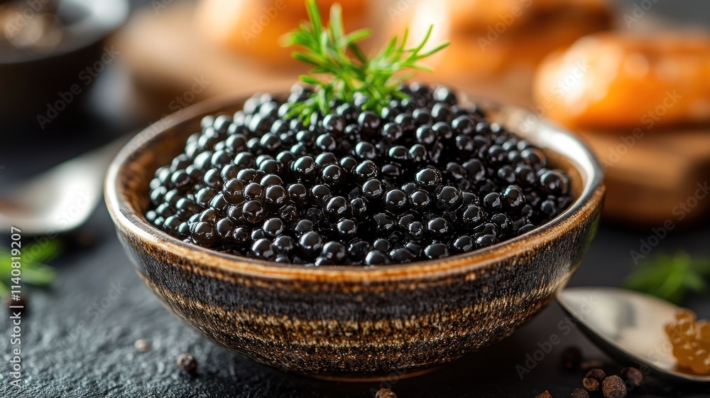 Dark black caviar in a small bowl on a dark surface. Fresh, gourmet, luxurious food. Dark black caviar in a small bowl on a dark surface. Fresh, gourmet, luxurious food.