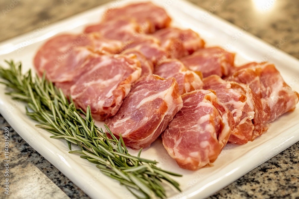 Sliced cured meat paired with fresh rosemary in a rustic kitchen setting Sliced cured meat paired with fresh rosemary in a rustic kitchen setting