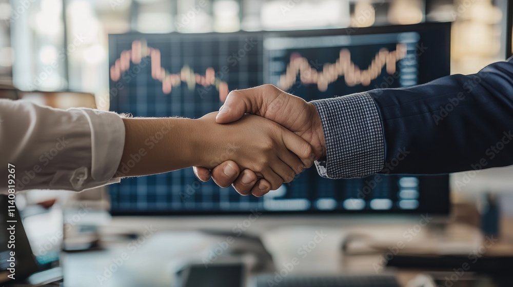 A handshake between two individuals in a business setting with financial graphs in the background. A handshake between two individuals in a business setting with financial graphs in the background.