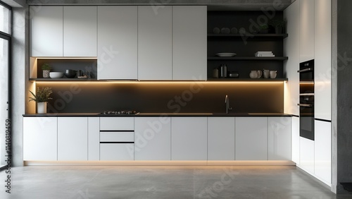 Modern minimalist kitchen design with white cabinets and ambient lighting.