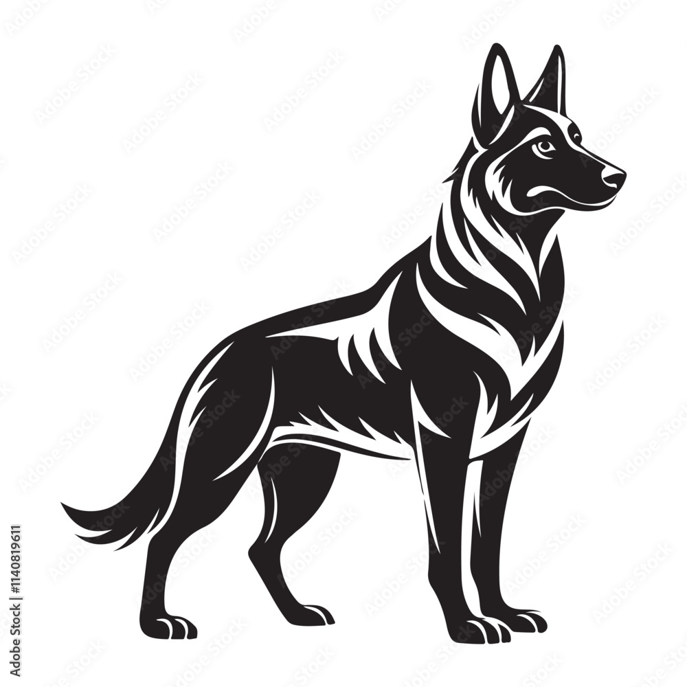 German Shepherd Silhouette Vector in a alert and guarding in a strong pose on white background German Shepherd Silhouette Vector in a alert and guarding in a strong pose on white background