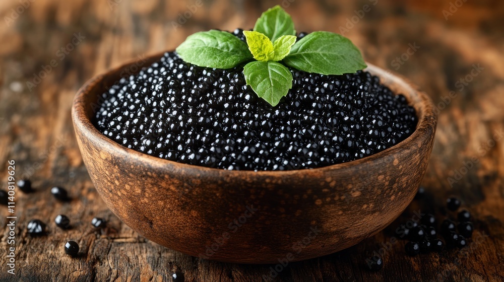 Dark black caviar in a rustic bowl with fresh basil leaves on top. Dark black caviar in a rustic bowl with fresh basil leaves on top.