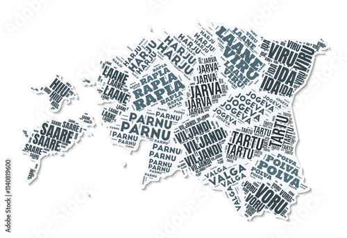 Estonia shape text cloud. Country border with shadow on white background. Estonia with regions division in vintage gazette style. Artistic vector illustration.