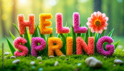 Colorful floral display spelling 'Hello Spring' on a vibrant green grass background with a blooming flower accent under a sunny, warm light.