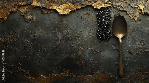 Dark, antique gold spoon holding black caviar on a distressed, textured surface. photo