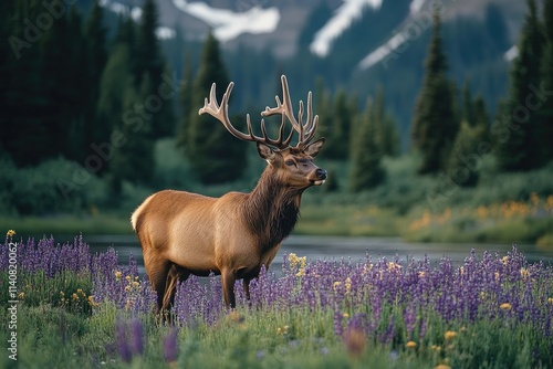 Majestic elk standing in field of purple flowers with large antlers photo