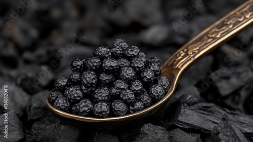 Dark black caviar-like food in a vintage spoon on black charcoal background. photo