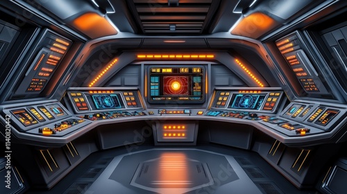 Fototapeta Naklejka Na Ścianę i Meble -  Futuristic spaceship bridge interior with control panels and monitors.