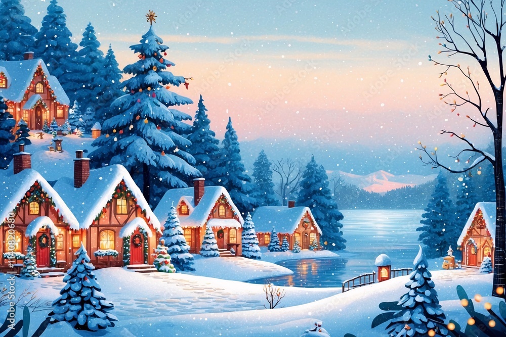 Fototapeta premium Snowy Christmas Winter Wallpaper, Winter Landscape background, Snowy Christmas Winter Scene Wallpaper, Festive Winter Snow Landscape Background, Christmas Village Wallpaper