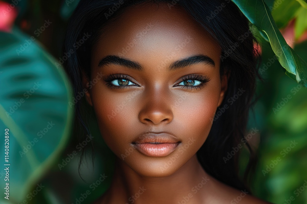 Beautiful black woman posing with tropical plants showing perfect skin Beautiful black woman posing with tropical plants showing perfect skin
