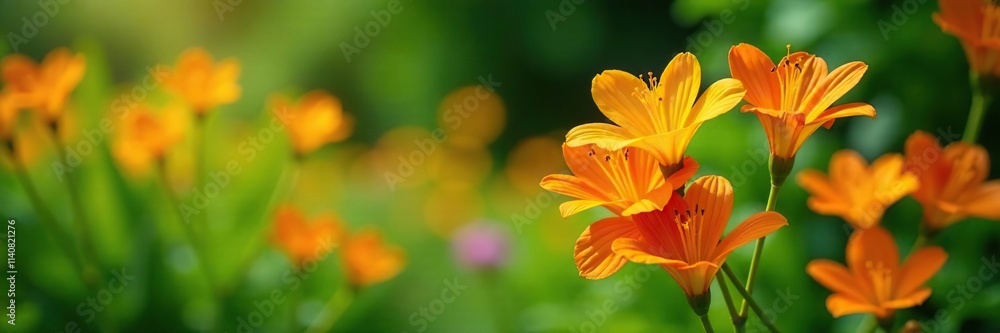 Orange Alstroemeria flowers and green leaves in a garden landscape, flowers in garden, flower, nature