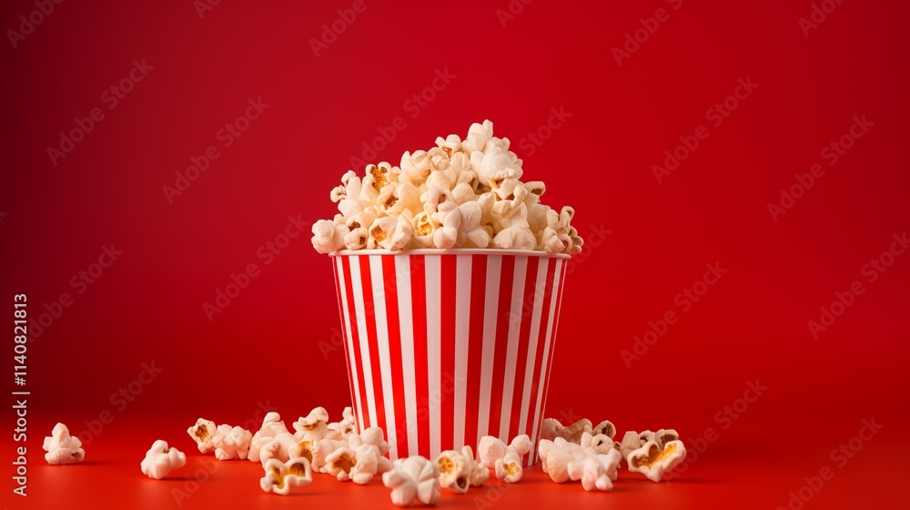 Classic red and white striped popcorn bucket overflowing with popcorn on bright red background Classic red and white striped popcorn bucket overflowing with popcorn on bright red background