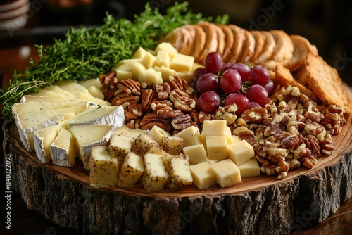 Gourmet cheese board displaying variety of cheeses, nuts, grapes, and crackers photo